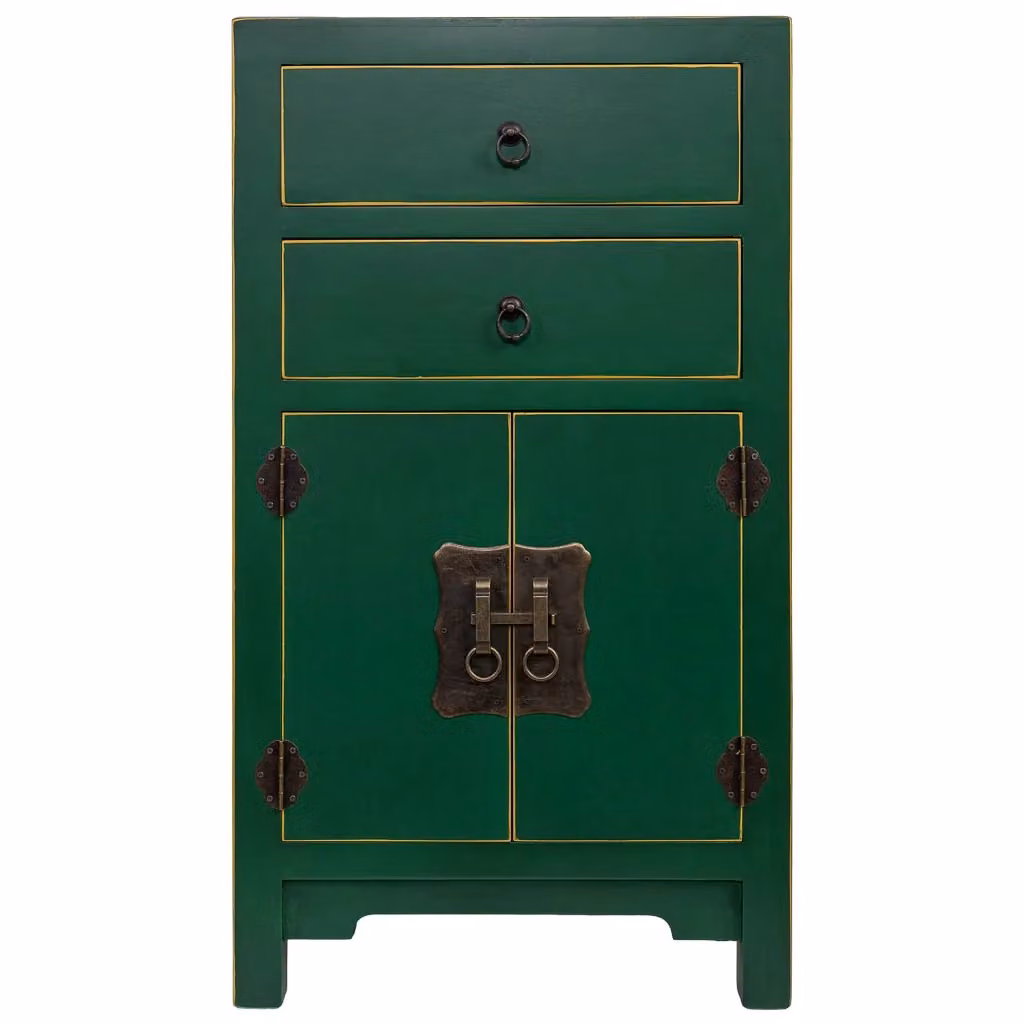 Mobile da ingresso WANDERLUST DECO in legno con 2 cassetti e 2 porte, verde e oro, L: 45 cm, P: 26 cm, H: 81 cm – 2