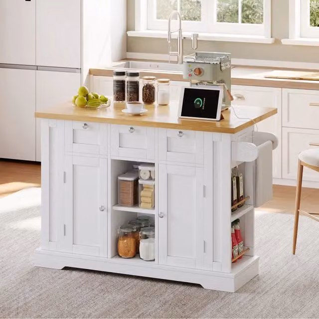 Tavolo da cucina mobile 132cm - Zephmum - Stile rustico, ripiano pieghevole, cassetto, porta spezie, porta asciugamani, 5 ruote, presa integrata