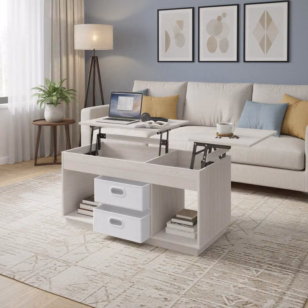 Tavolino da divano regolabile in altezza con 2 cassetti | Beige | 100x50x48,5/62 cm