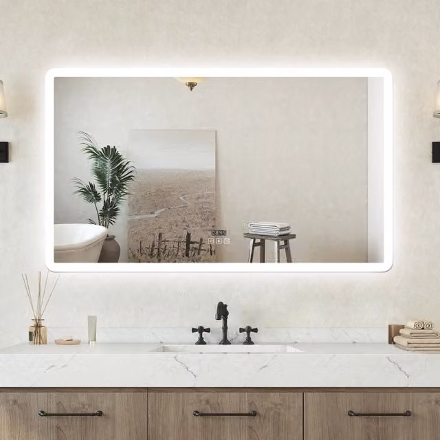 Specchio bagno Rettangolare 120x70cm Led Con 3 Luci Bluetooth + Orologio + Antiappannamento