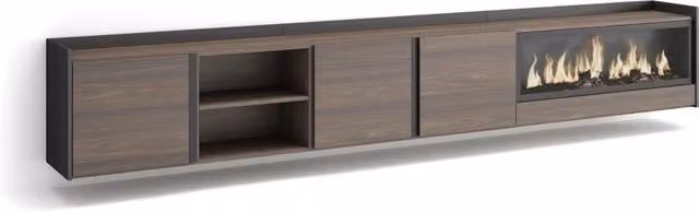 Mobile TV Soggiorno, 315x50x35 cm, Per TV fino a 80", Camino elettrico XXL, Sospeso, da appendere, Rovere scuro e Nero