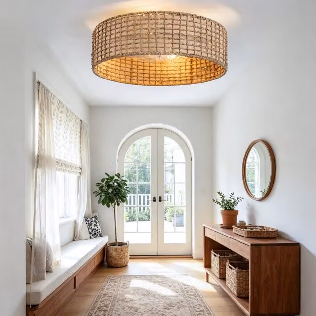 Ventilatore da soffitto in rattan con luce LED e telecomando, colore marrone e rame, diametro: 53 cm – 1