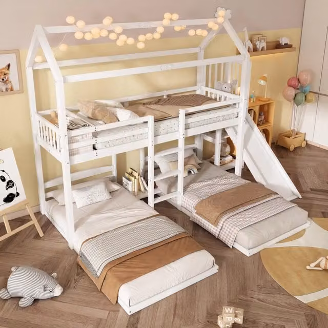 Letto a castello 90 × 200 cm per 3 posti con scivolo, scala a 3 gradini e vano portaoggetti, senza materasso