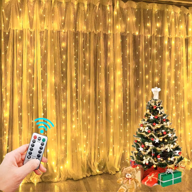 Tenda luminosa a LED, 3 metri x 3 metri, luce bianco caldo, alimentazione USB, con telecomando, 300 LED
