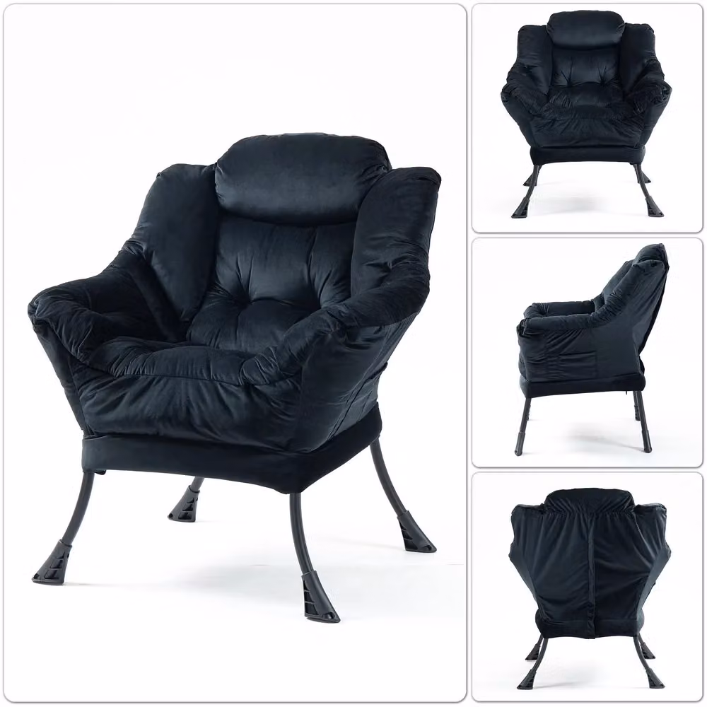 Poltrona Relax MINIMAL in Velluto Nero con Struttura in Metallo e Tasca Laterale per Soggiorno e Giardino – 2