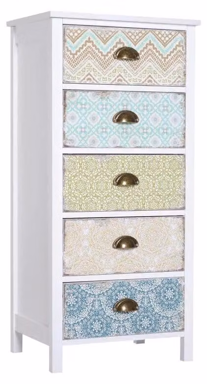 Comodino in stile shabby chic con 5 cassetti | Colore: Multicolore | Dimensioni: 34x46x97,5 cm