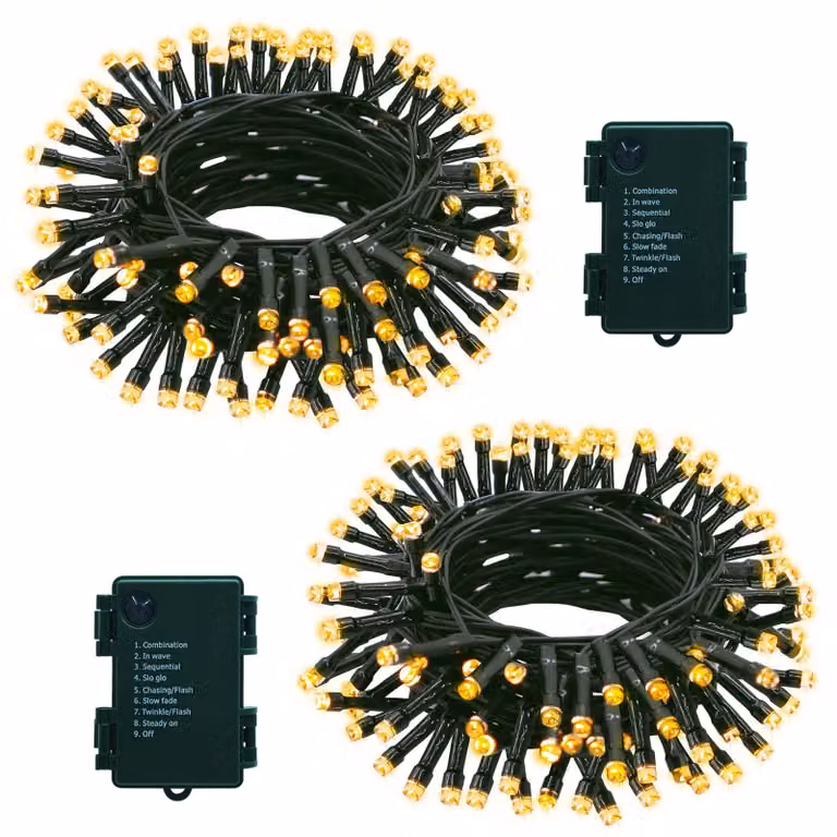 Confezione da 2 catene luminose a LED, lunghezza 7 metri, 70 LED, luce bianco caldo, con timer e 8 modalità
