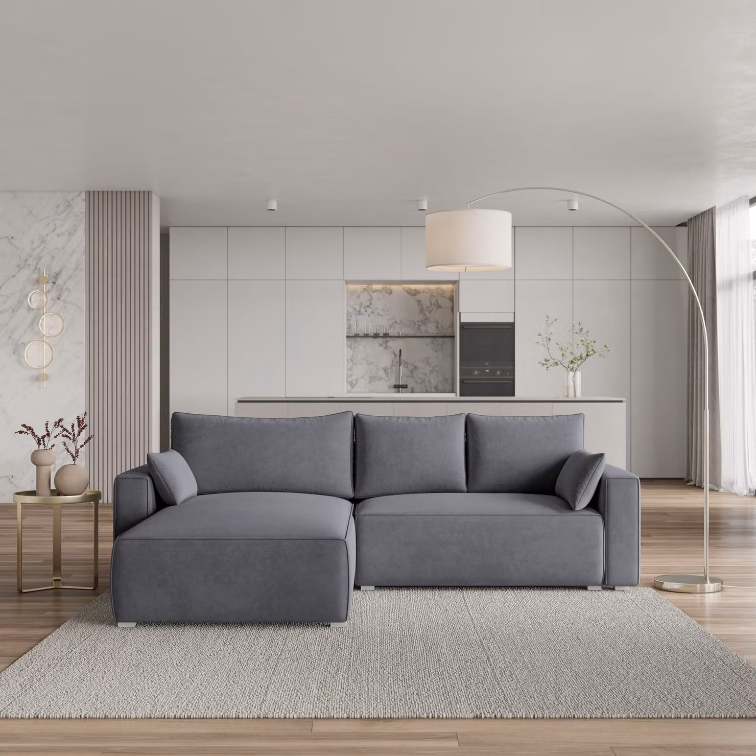 Divano angolare Masseno FORIL con funzione letto a L, divano con box letto, divano da soggiorno, divano, divano, divano letto, set di divani - grigio, MONOLITH 85