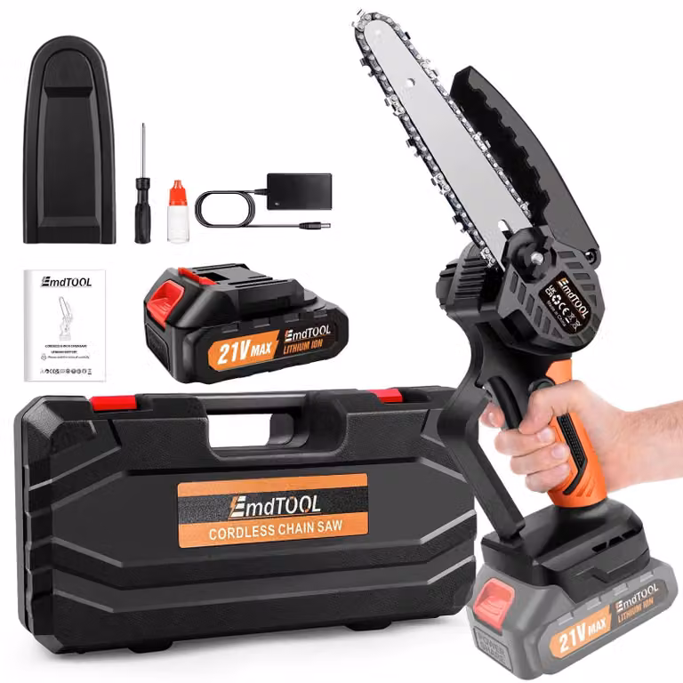 Mini motosega a batteria - Motosega senza fili - 21 V - 6000 W - Batteria agli ioni di litio da 3000 mAh - Lama da 15,2 cm - 5300 giri/min - Blocco di sicurezza - 1 batteria