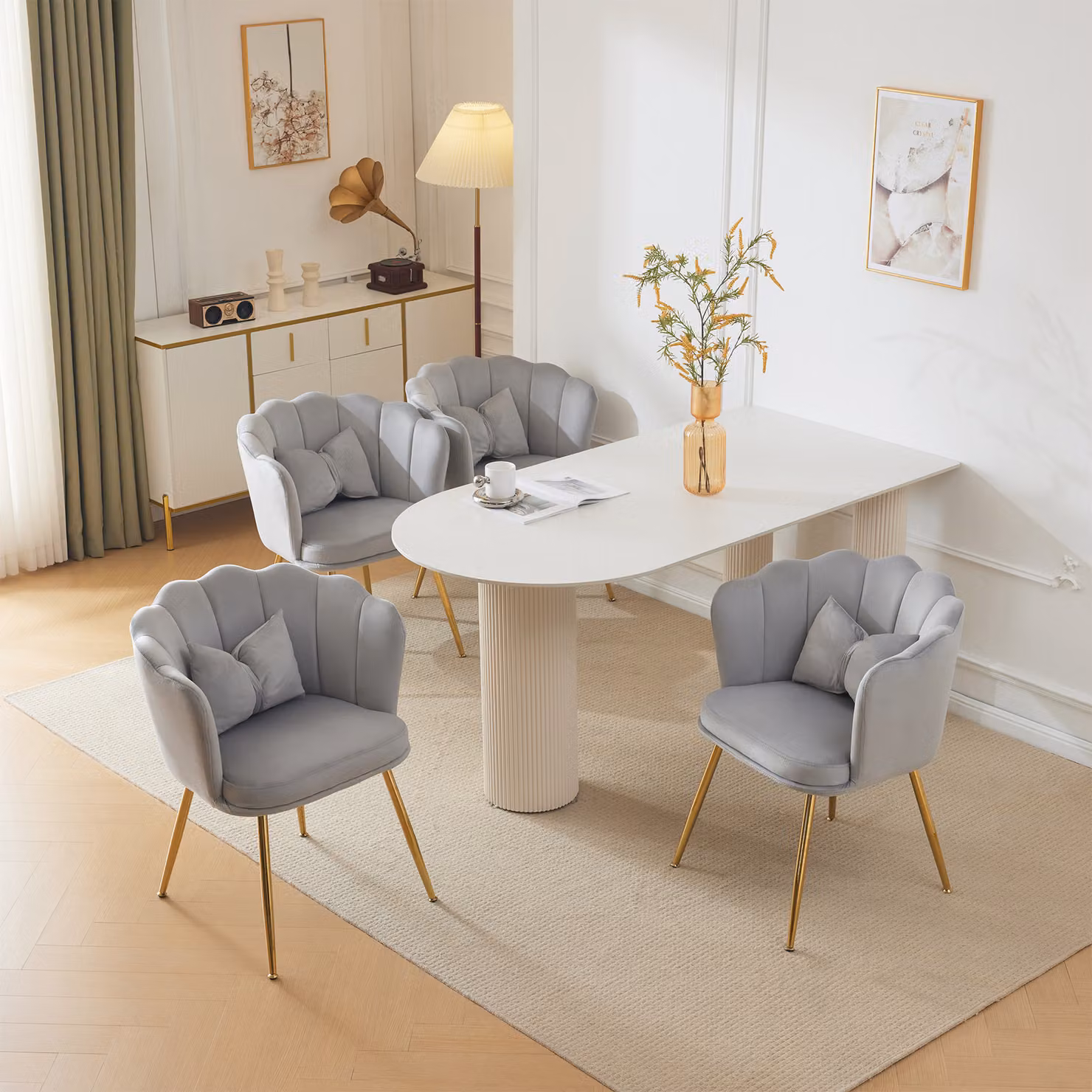 okwish Sedie da pranzo, sedie imbottite (4 pezzi), poltrone in velluto con braccioli e gambe in metallo, dorate, comode, Grigio
