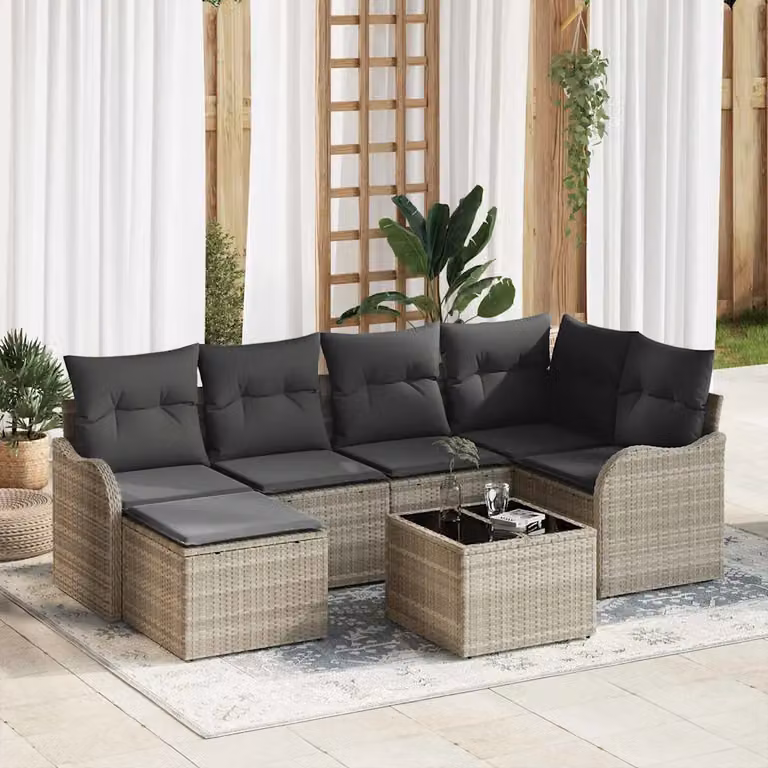 Set Divano da Giardino vidaXL 7 pz in Polyrattan Grigio con Cuscini e Tavolino da Esterno a Forma di L