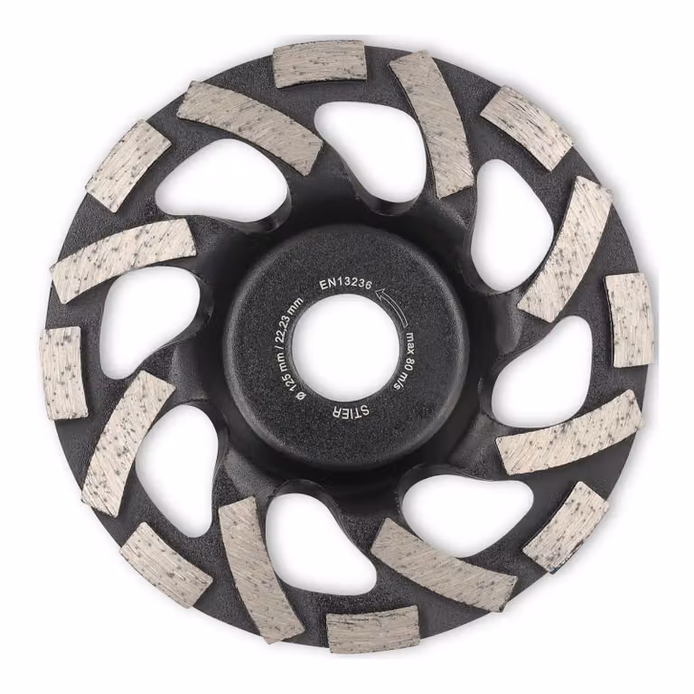 Mola a tazza diamantata STIER 125 x 22,23 mm Abrasivo con geometria speciale unica, massima capacità di asportazione grazie ai segmenti diamantati a 2 file, fori di raffreddamento di forma speciale