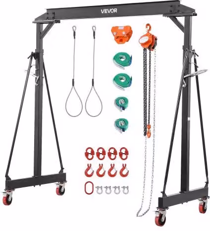 VEVOR Gru a Portale 1996 kg Altezza 253-373 cm con Paranco Manuale, Portata Max di 1996 kg, Altezza Regolabile 253-373 cm, con Carrello Manuale, Paranco, Imbracatura e Ganci, per Officine e Magazzini