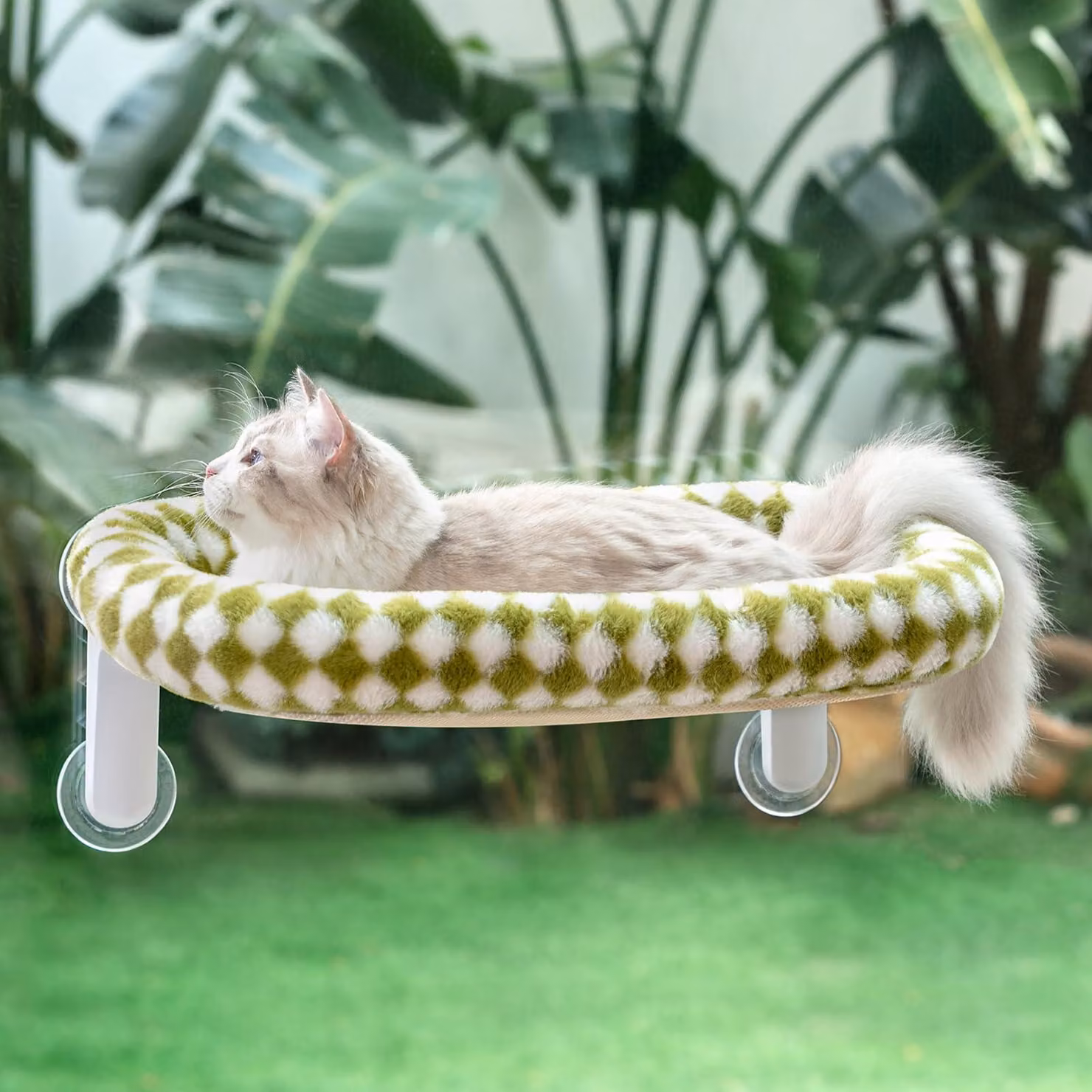 Cuccia pieghevole a forma di L per gatti, adatta per davanzali, dimensioni 54x30 cm, colore verde, taglia media