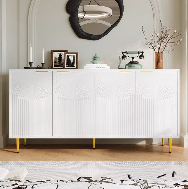 Credenza 160x40x80 cm bianca in MDF, 4 ante con ripiani regolabili