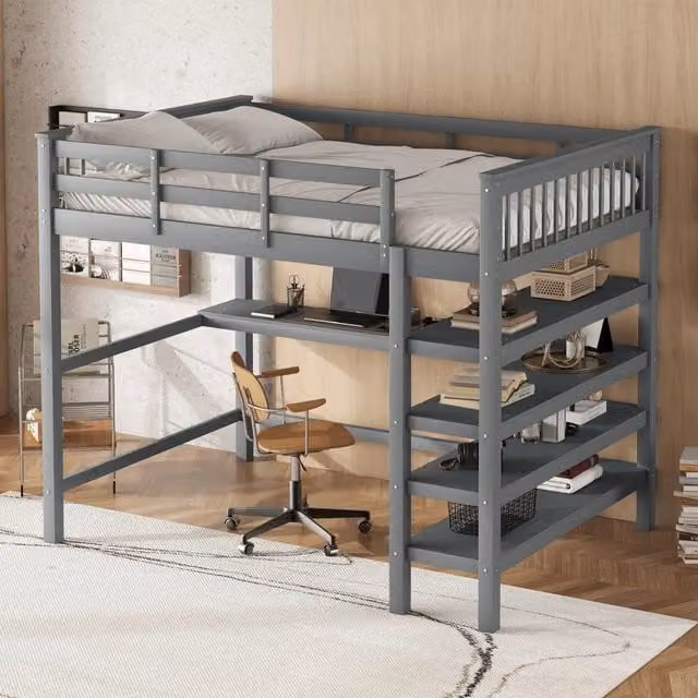 Letto a soppalco 140 × 200 cm 2 posti con scrivania e mensole, senza materasso, in pino e MDF grigio