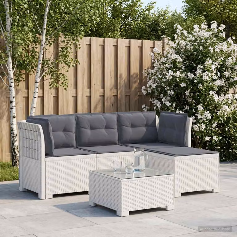 Divano da giardino a L vidaXL per 4 persone con cuscini, design moderno in aspetto rattan bianco e grigio, resistente alle intemperie e ai raggi UV