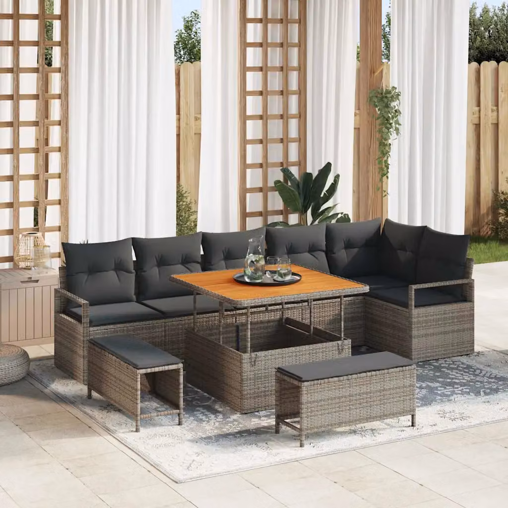 Set Divano da Giardino vidaXL 9 Pezzi con Cuscini Grigio con Struttura in Acciaio e Legno di Acacia