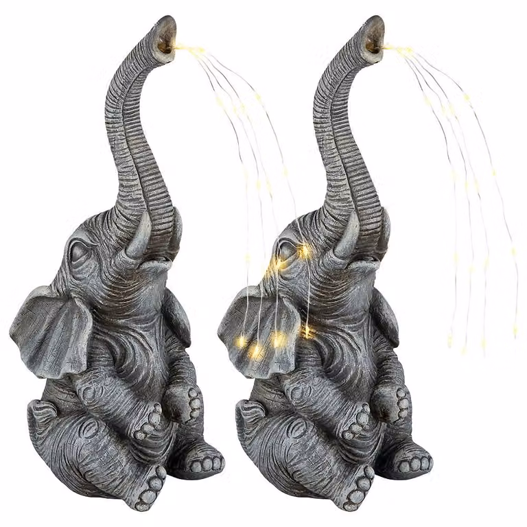 Set di 2 lampade solari a LED, a forma di elefante, grigie, alte 32,5 cm