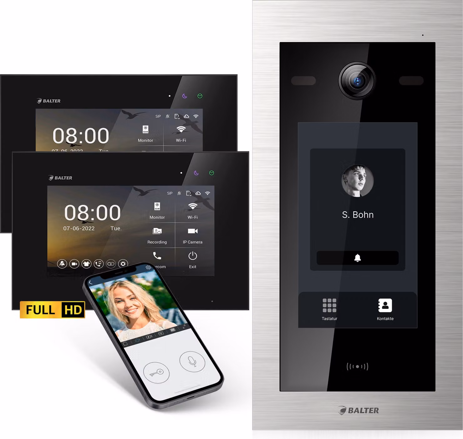 Videocitofono Balter EVO-HD con touchscreen, app per smartphone, casa per 1 famiglia, 2x monitor da 7 pollici, campanello con telecamera Full HD, bus a 2 fili