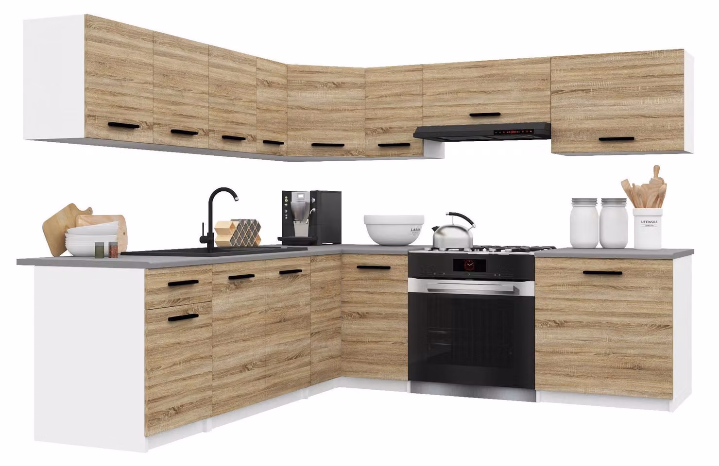 Belini - Angolo cottura moderno ITALIA 7 - Mobili da cucina 420 cm in rovere Sonoma - Cucina componibile con pensili, mobili base e piani di lavoro