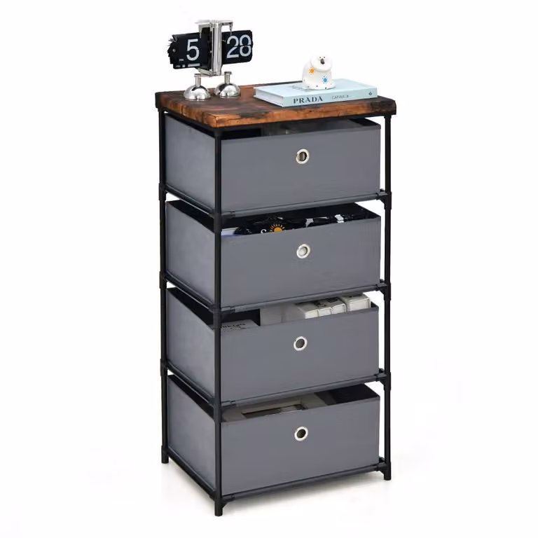 Comodino COSTWAY con cassetti in tessuto, tavolino con struttura in metallo, cassettiera in tessuto per camera da letto, soggiorno, corridoio (grigio, 4 cassetti)