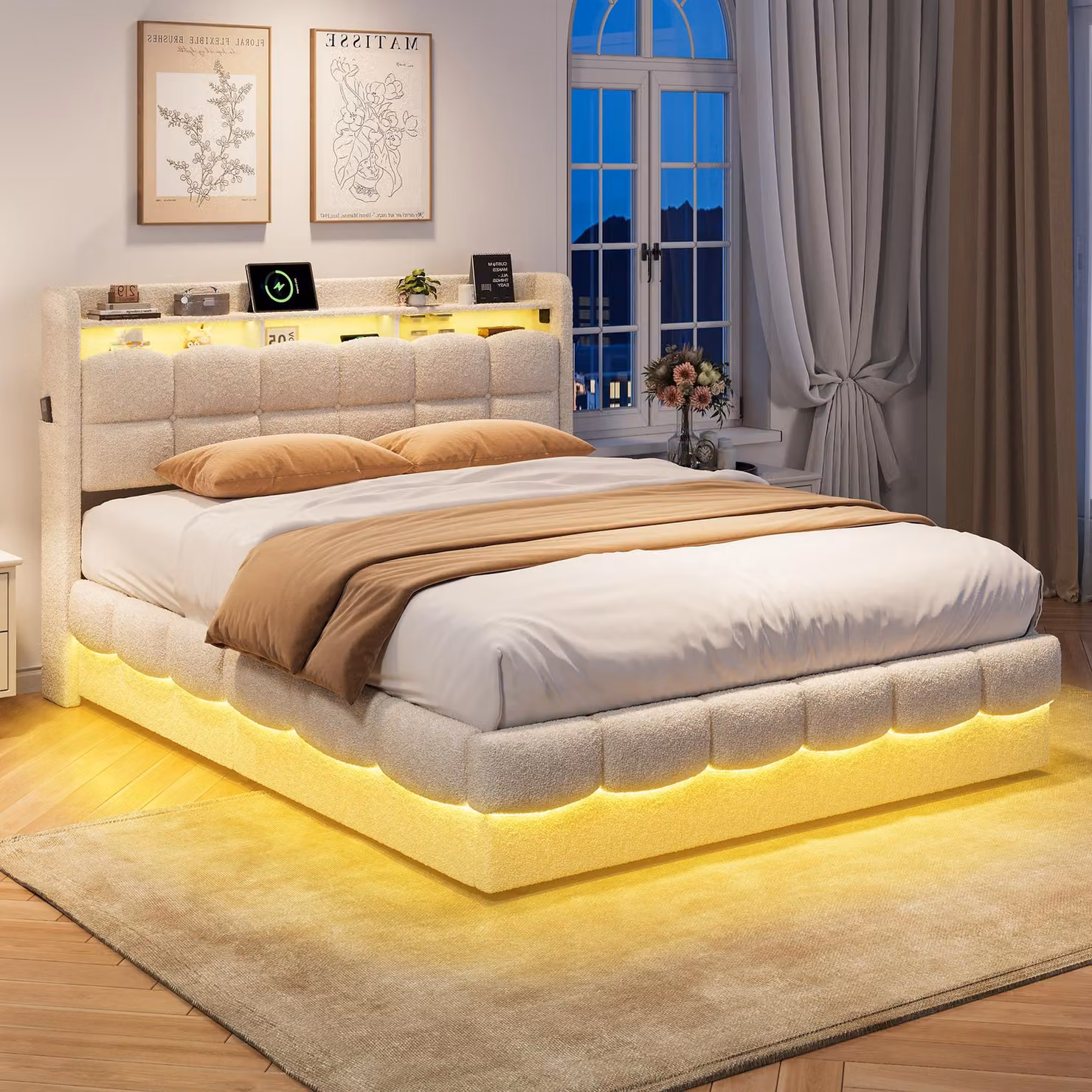 Letto imbottito INONEFT 140x200 cm con LED, letto per ragazzi/bambini con spazio contenitore, letto matrimoniale con spazio contenitore e rete a doghe, struttura in morbida microfibra effetto peluche, color beige