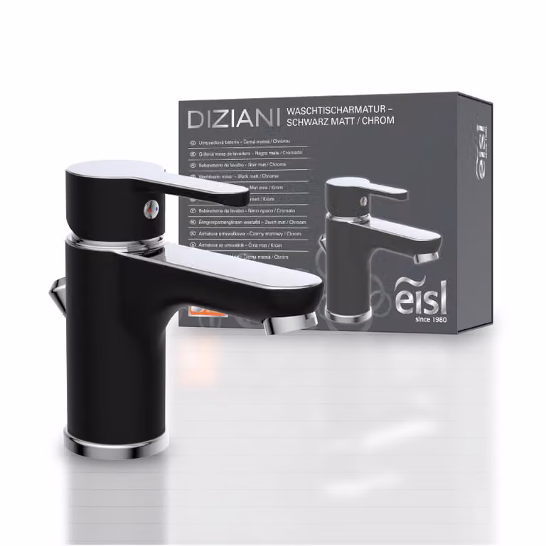 eisl DIZIANI Miscelatore per lavabo con leva di comando, set di miscelatori per bagno con scarico Lavabo, cromo/nero opaco