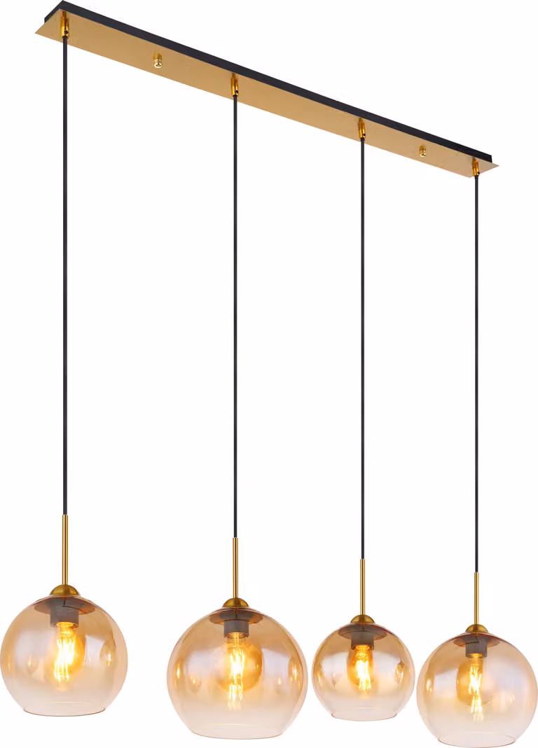 Lampada a sospensione Globo, struttura in metallo con finitura ottone opaco, vetro ambrato e trasparente, cavo in tessuto nero, altezza regolabile, vetri con effetto sfumatura (2/3 ambrato, 1/3 trasparente), dimensioni: 1200x250x1200 mm, diametro dei vetr