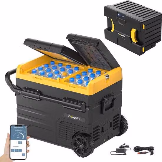 Frigorifero portatile da 45 litri con batteria ricaricabile e doppia zona di raffreddamento, ideale per il campeggio e l'auto