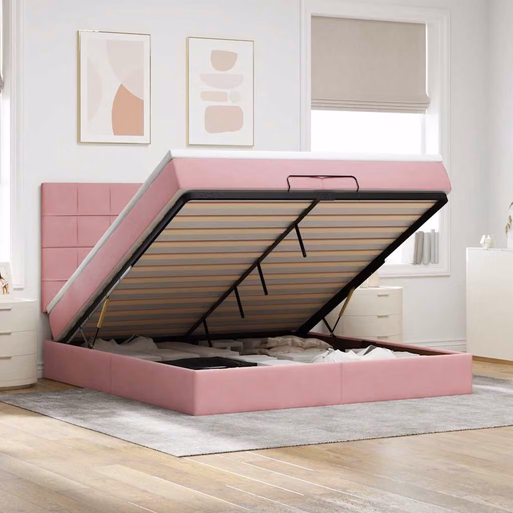 Letto con contenitore a sollevamento vidaXL in velluto rosa e bianco, L 200 x P 200 x H 280 cm