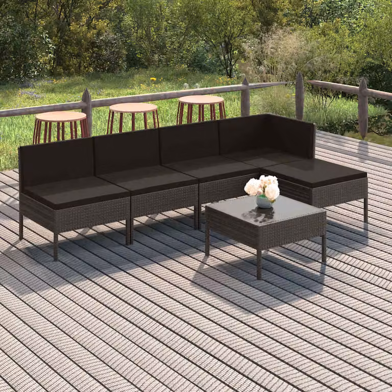 Set da giardino vidaXL composto da 6 pezzi con divano a 3 posti, elemento angolare, pouf e tavolino, in rattan color antracite con cuscini rimovibili