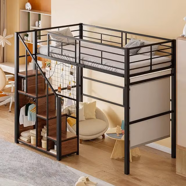 Letto singolo per bambini - Xylo - 90x200 cm - Nero - Scala di sicurezza con ripiano