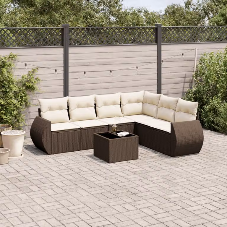 Set di divani da giardino vidaXL in polyrattan marrone con cuscini e tavolino da esterno a forma di L