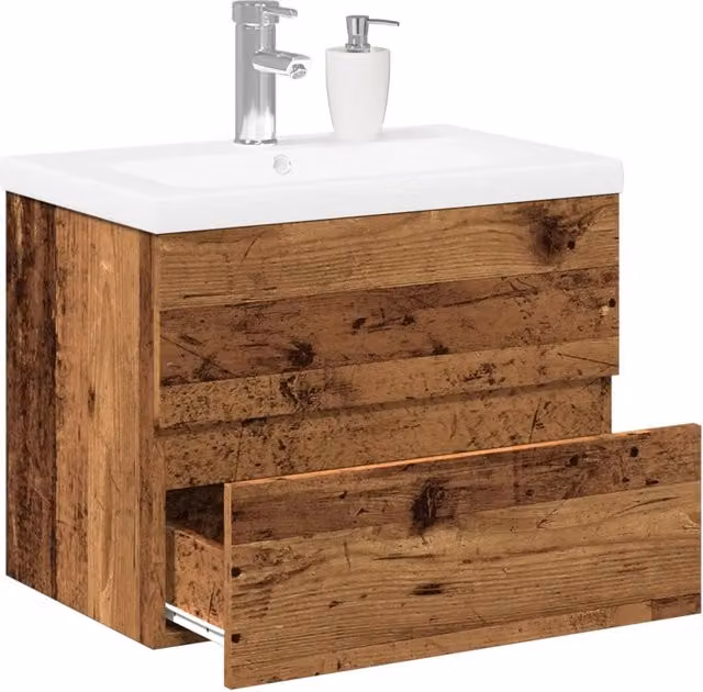 Mobile da bagno sospeso vidaXL in legno e ceramica stile rustico, Bianco e Marrone, L: 60,0 cm, P: 38,5 cm, H: 45,0 cm – 1