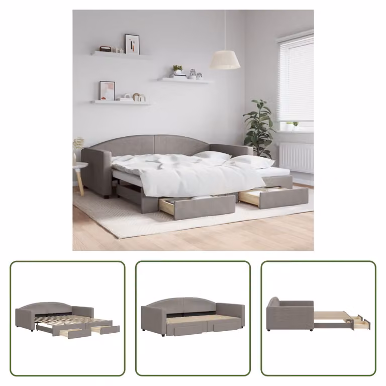 The Living Store Letto allungabile con cassetti Taupe 100x200 cm tessuto