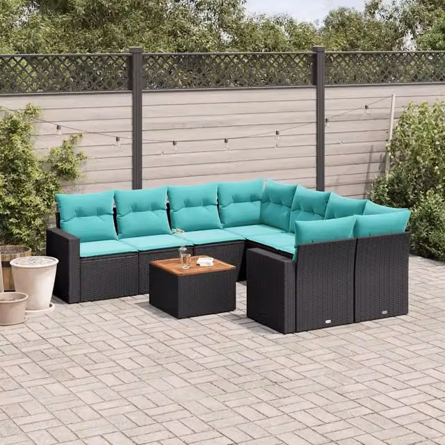 Set Divani da Giardino 9 pz con Cuscini Nero in Polyrattan 3256379