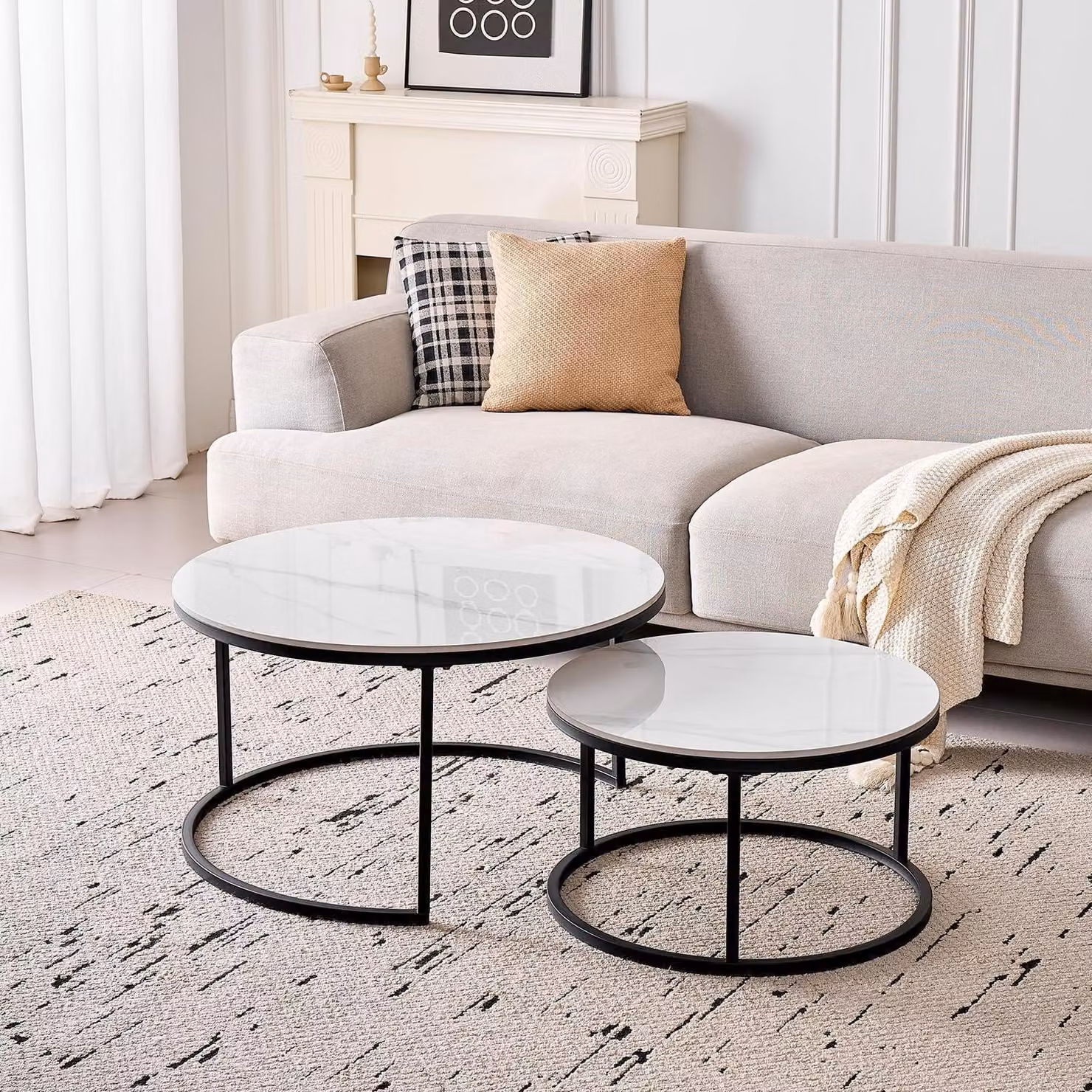 Set di tavolini da caffè rotondi, 2 pezzi, piano in Vetroceramica, bianco e nero, diametro 50+70 cm