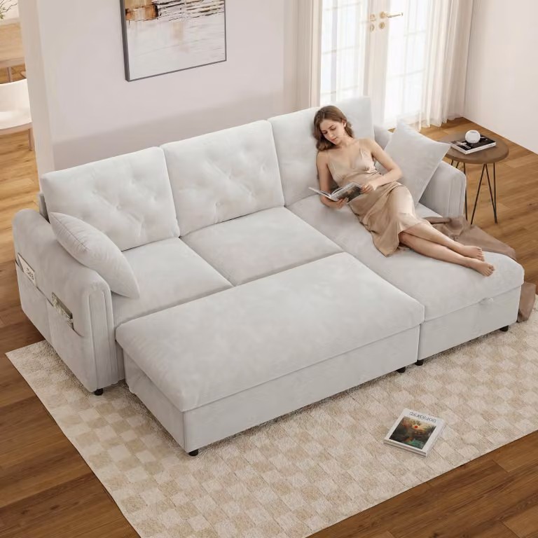 Divano ad angolo a 3 posti Merax con vano portaoggetti, divano con chaise longue e pouf, divano con tasche portaoggetti, pouf rimovibile, divano in velluto, beige