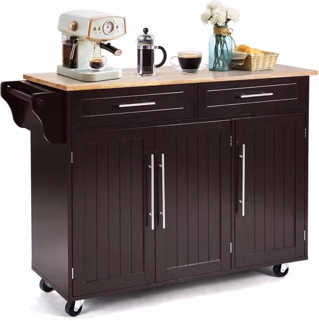 Carrello da Cucina, Carrello di Servizio con Ruote e Maniglia, 3 Ante e 2 Cassetti, Ideale per Cucina Ristorante Bar, 122x46x92,3 cm (Marrone)