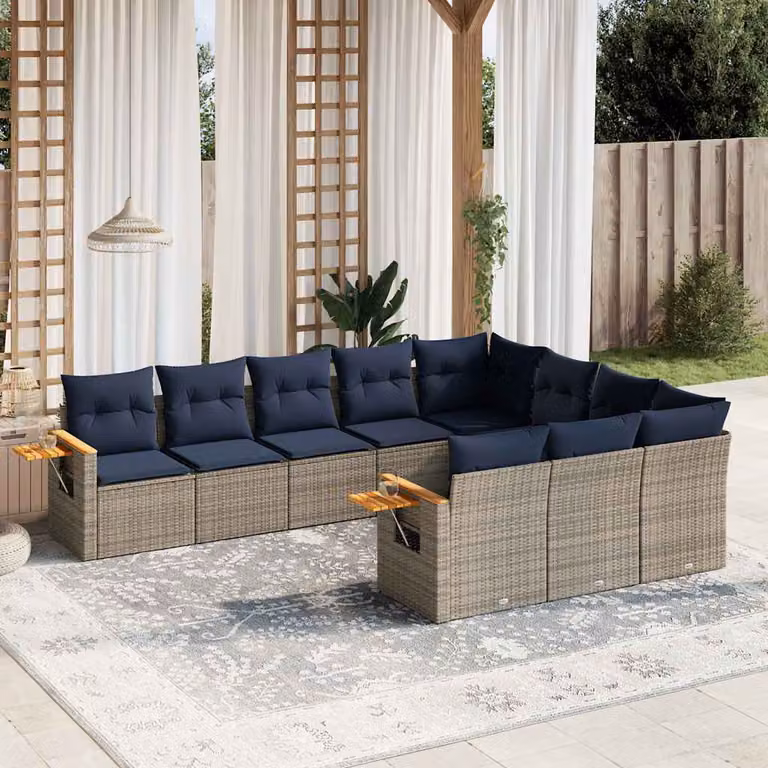Set di Divani da Giardino vidaXL 10 Pezzi in Polyrattan Grigio con Cuscini e Tavolino da Esterno a Forma di L