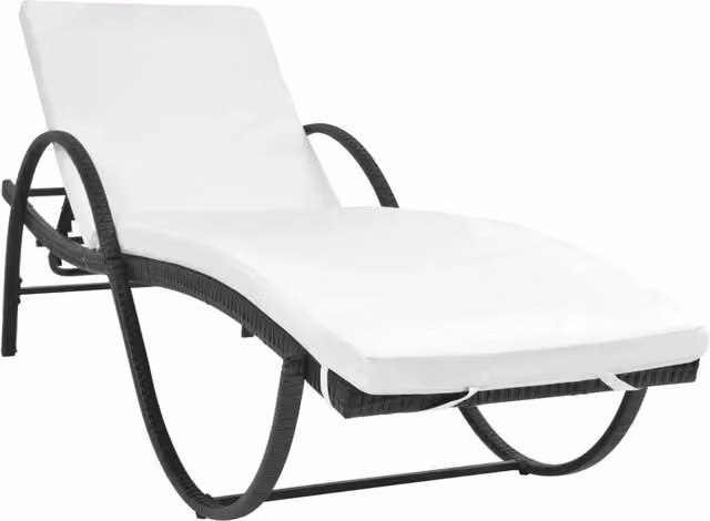 Lettino prendisole da giardino in polyrattan nero con cuscino impermeabile e tavolino laterale