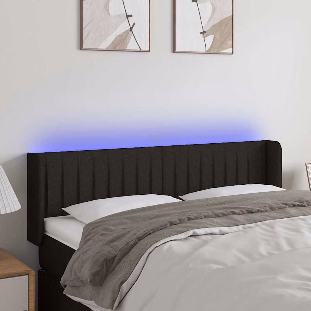 Testiera per letto vidaXL in tessuto nero con illuminazione LED integrata e porta di ricarica USB, L: 147 cm, P: 16 cm, H: 78-88 cm
