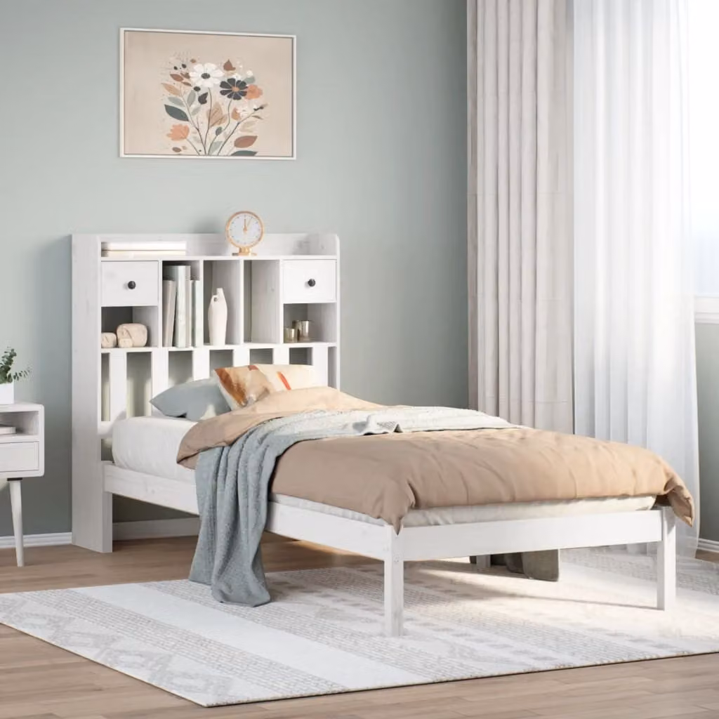 Letto con libreria e scomparti laterali vidaXL in legno di pino bianco lacquered L/P/H: 190 x 75 x 110 cm