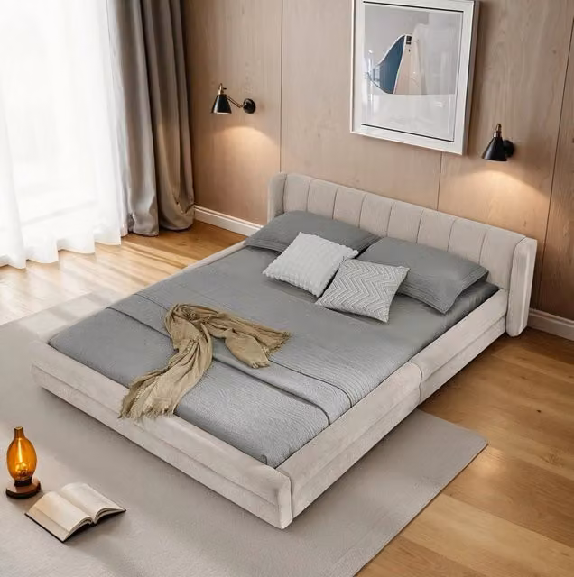 Letto matrimoniale 160x200 cm beige in ciniglia