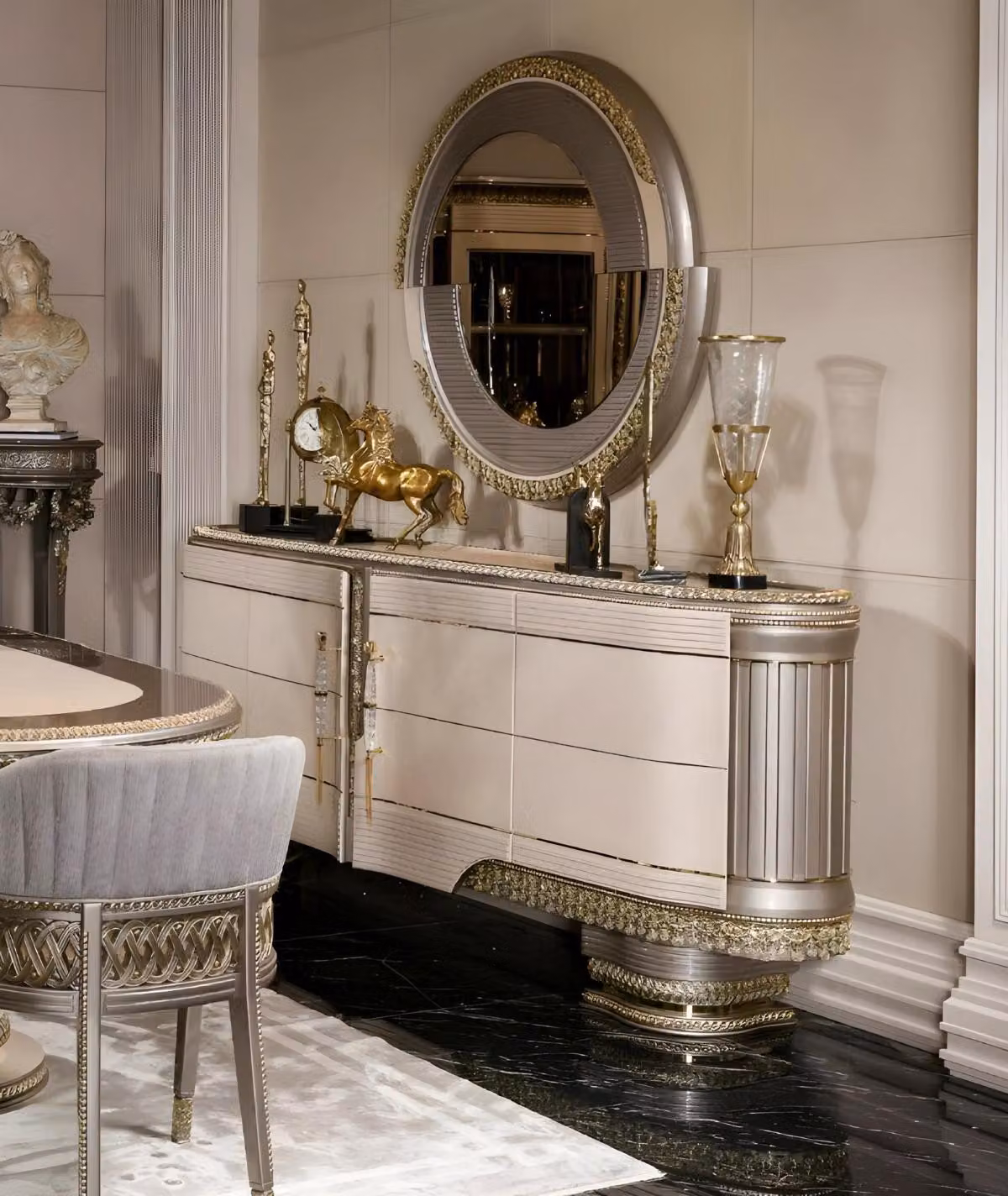 Credenza classica con specchio, mobili di design in legno per il soggiorno