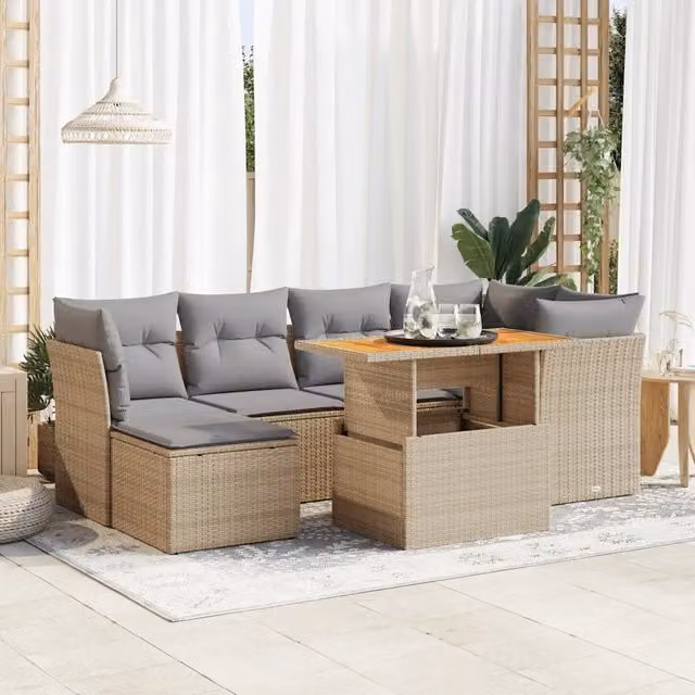 Set Divani da Giardino 7 pz con Cuscini Beige in Polyrattan 3326950