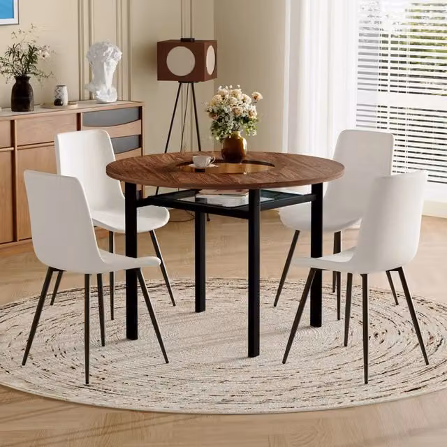 Set tavolo da pranzo rotondo Mivray con sedie in similpelle bianca, piano in vetro trasparente e MDF marrone e nero per cucina e sala da pranzo