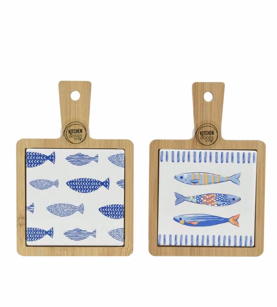 Kitchen Goods Tagliere in Legno e Porcellana 18x12 cm Decoro Pesci Blu