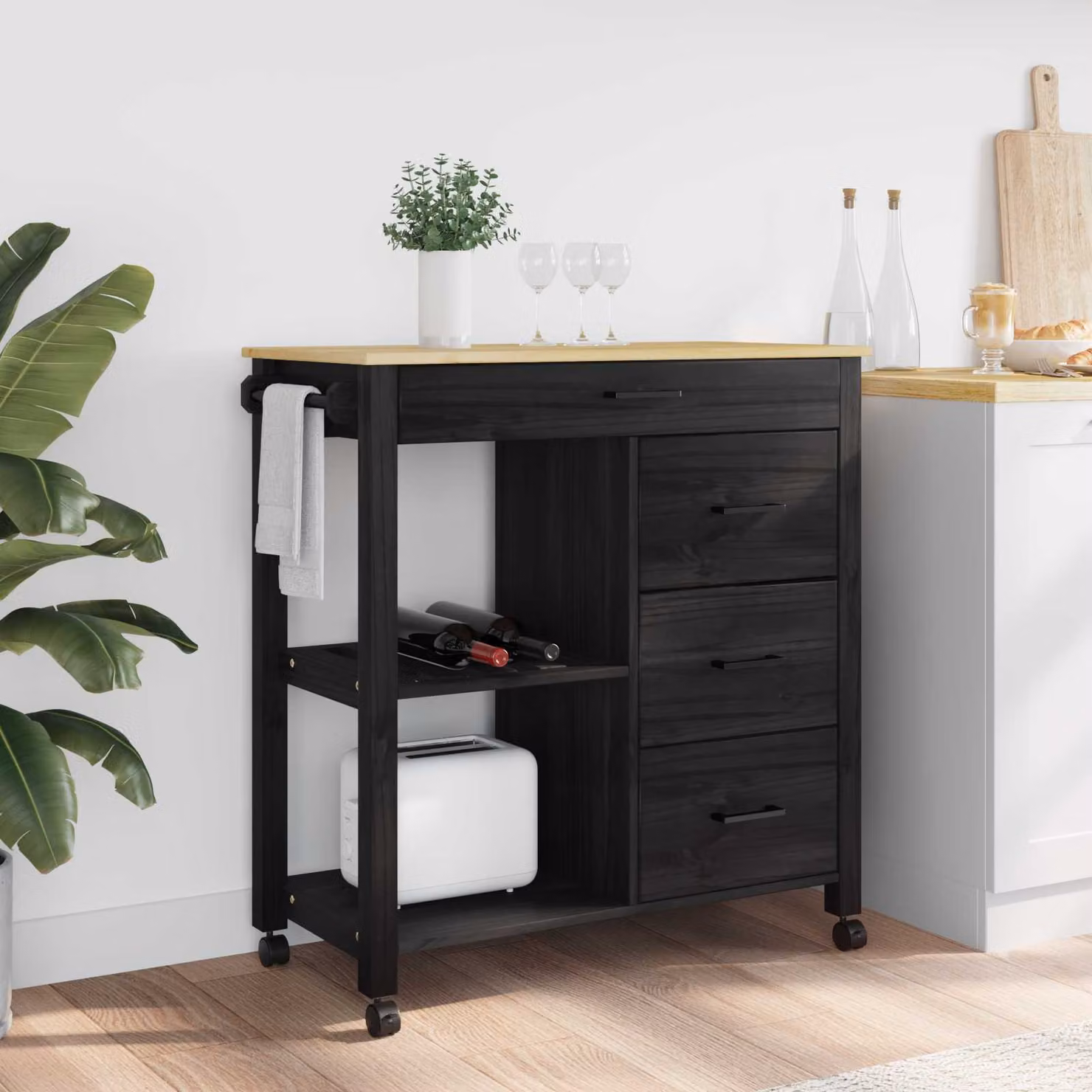 vidaXL Carrello da Cucina MONZA Moderno in Legno di Pino Nero L: 84 cm, P: 40 cm, H: 88,5 cm – 1